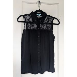 Black Floral Lace Sleeveless Button Down Tank